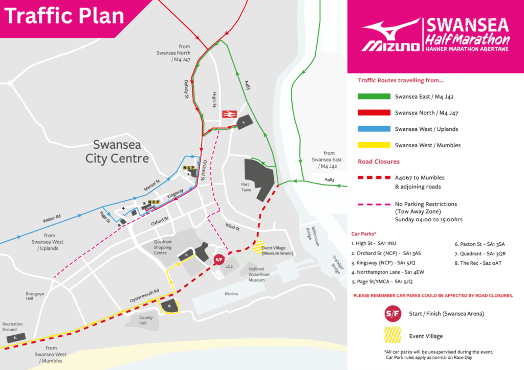 Traffic plan featuring routes into Swansea and the road affected by road closures ahead of the Mizuno Swansea Half Marathon