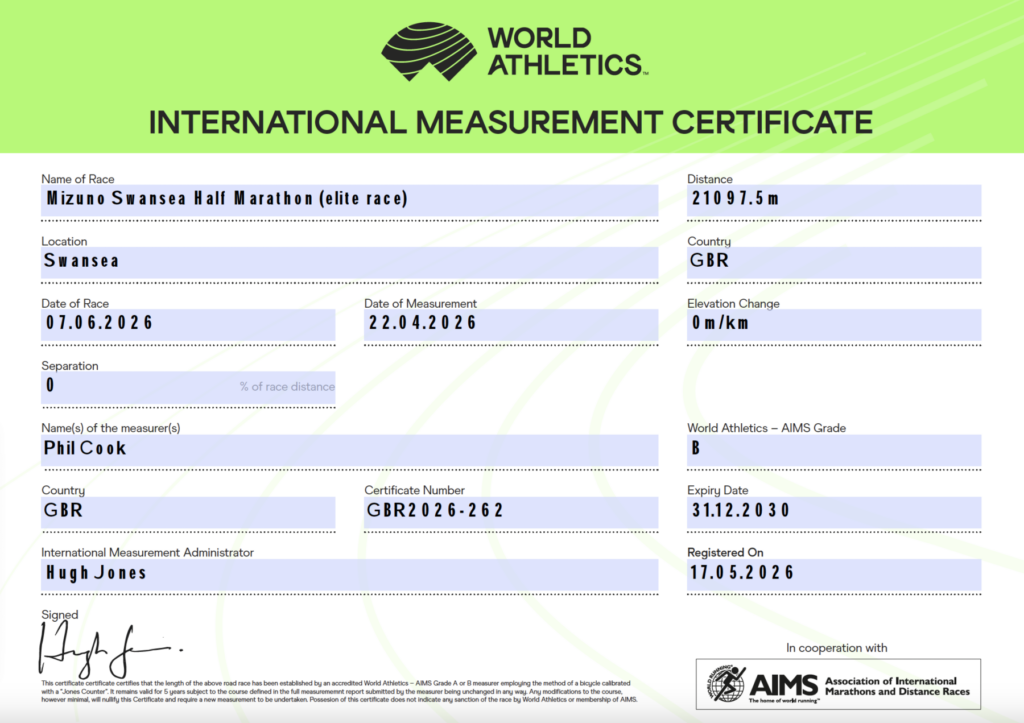 World Athletics International Course Measurement Certificate of the Mizuno Swansea Half Marathon, in association with AIMS