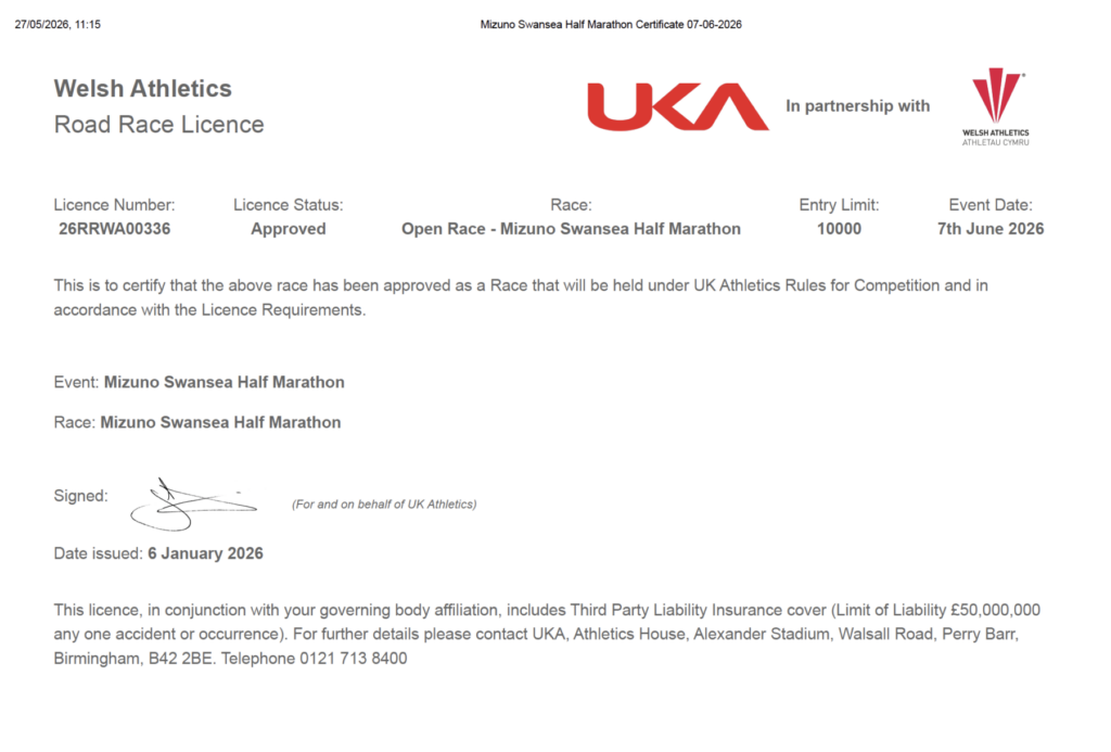Welsh Athletics Road Race License for the 2026 Mizuno Swansea Half Marathon